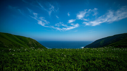 Fototapeta premium Vibrant Green Landscape with Blue Sea and Partially Cloudy Sky