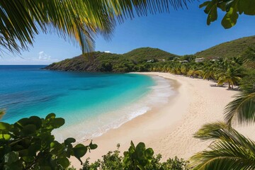 Fototapeta premium A serene tropical beach with turquoise waters and swaying palms under a sunlit sky in a caribbean-inspired setting