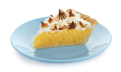 Piece of delicious pie with browned meringue isolated on white