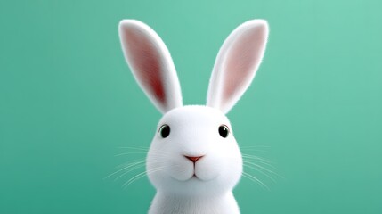 Fototapeta premium Adorable Bunny Portrait: A close-up shot of a pure white bunny with long ears, a symbol of innocence, is captured against a serene, gentle teal backdrop, evoking feelings of calm and serenity.