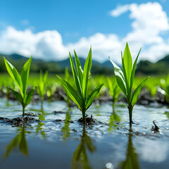 Obraz premium Young Green Plants Emerging From Water Under Bright Blue Sky With Cloud Reflection
