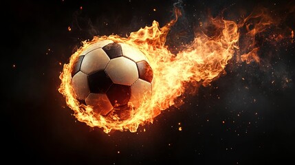 Fototapeta premium Soccer Ball on Fire Against Black Background Representing Passion and Intensity of the Sport
