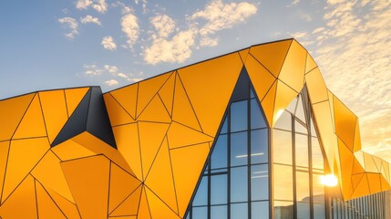 Modern yellow building with geometric facade at sunset.
