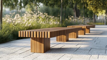 Modern Wooden Benches in Park Surrounded by Blooming Flowers and Greenery in Sunny Weather