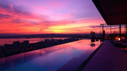Breathtaking Sunset View from Luxury Rooftop Infinity Pool with Vibrant Colors Over Cityscape and Water
