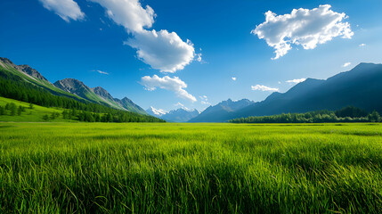 Fototapeta premium Vibrant Green Meadow Under a Bright Blue Sky With White Clouds and Mountain Backdrop