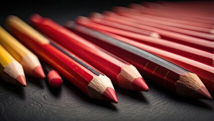 Obraz premium A close-up of several red and black pencils arranged in a diagonal line
