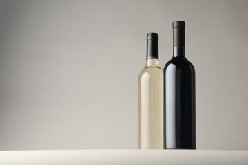 Bottles of wine on light grey background, space for text