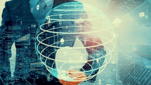 Future building construction and inventive engineering project concept with HUD hologram graphic design. Building engineer, architect people or construction worker works with modern civil technology.