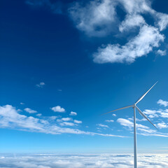Wind Turbine Generating Clean Energy In Bright Blue Sky With White Clouds Representing Sustainable Power