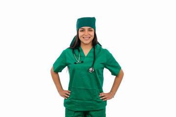 Portrait of smiling latin female surgeon posing with hands on hips