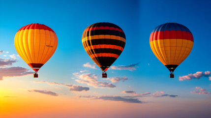 Obraz premium Three Colorful Hot Air Balloons Floating In A Blue Sky At Sunset Over A Landscape