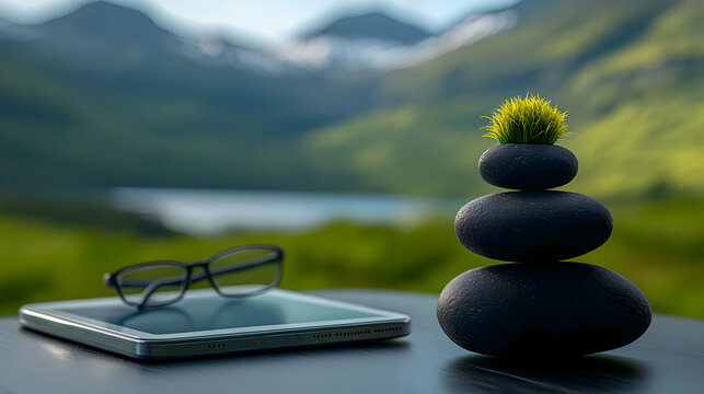 Zen Stones Balanced With Yellow Flower and Tablet and Glasses on a Table in Green Mountain Background