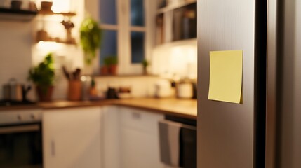 Single yellow sticky note attached to a refrigerator door in a cozy kitchen environment