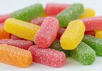 A close up shot of a pile of colorful sour gummy candies with a sugary coating on a white background