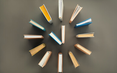 Clock made with books on grey background, flat lay