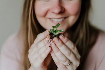 Woman holding a small plant in her hands, dirt under nails, natural light, hope theme