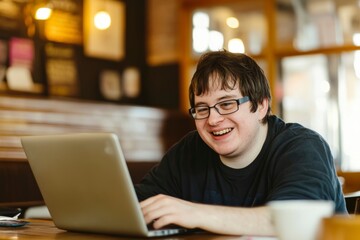 Young man with Down syndrome working on a laptop in a cafe, modern, authentic vibe