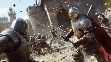 Medieval Knights Battle Scene With Metal Armor and Swords, Epic Historical Combat