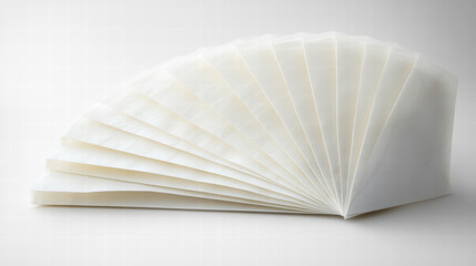 Delicate Layers: A close-up studio shot of folded, pristine tissue paper fanned out, emphasizing texture, purity, and potential use. 