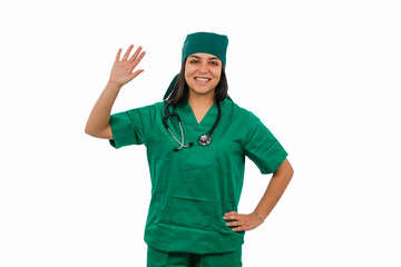 Latin female surgeon waving and smiling on white background