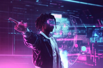 Man interacting with holographic interface, future UX design, sci-fi style