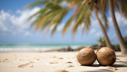 Halved coconuts with white flesh and brown shells arranged next to a whole coconut