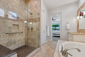 A stunning bathroom with a walkin shower, bathtub, stylish sink,