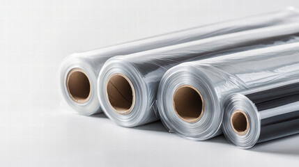 Fototapeta premium Plastic Wrap Rolls: Capturing the subtle nuances of light and shadow, this photo presents a collection of rolled plastic wraps against an immaculate background.