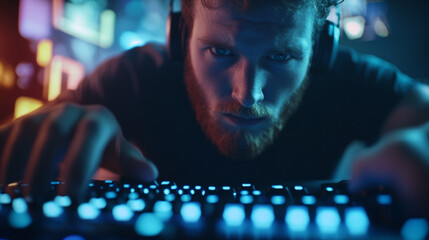 Late Night Music Producer Working on Digital Audio Workstation in Neon-Lit Studio