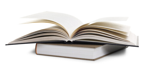 Closed and open hardcover books isolated on white
