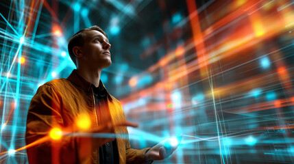 A man interacting with digital technology in a 3D cyberspace