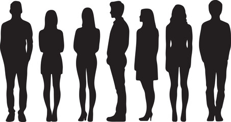 Vector silhouettes of men and a women, a group of standing business people, black color isolated on white background