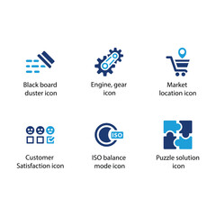 Board duster, Engine, Market location, Customer Satisfaction, ISO balance , solution, Blue Icon Set