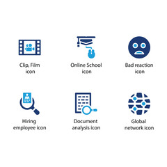 Clip, Online School, Bad reaction, Hiring employee, analysis, Global network, Blue Icon Set