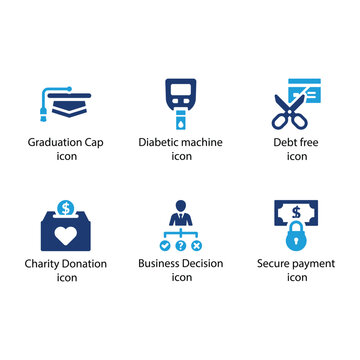 Graduation Cap, Diabetic machine, Debt free, Donation, Decision, Secure payment, Blue Icon Set