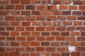Old red brick wall texture with white efflorescence and weathered surface. Vintage masonry background for design, architecture, construction, and restoration projects. Rough textured red bricks with m