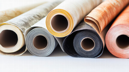 Rolls of Materials: A close-up captures an array of fabric rolls. each one displaying unique textures and colors