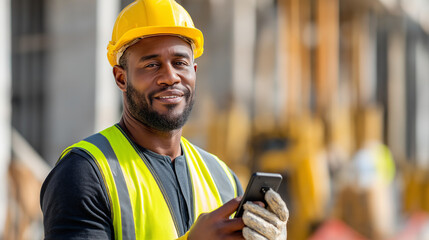 Confident African craftsman at a construction site with smartphone