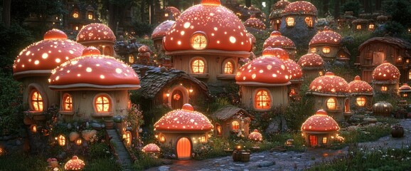 Enchanting mushroom village at night