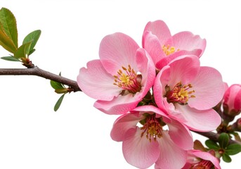 Naklejka premium Close up of flowering quince branch with pink blossoms and green leaves against white background