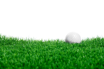 Golf ball on green grass against white background