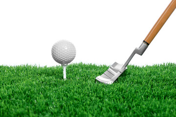 Golf ball, tee, club and green grass against white background