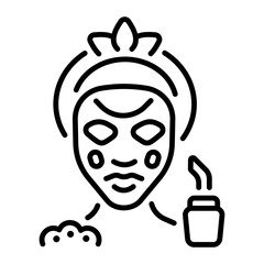 A woman putting clay mask on her face, line icon 