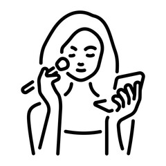 A girl applying makeup on her face, line icon 