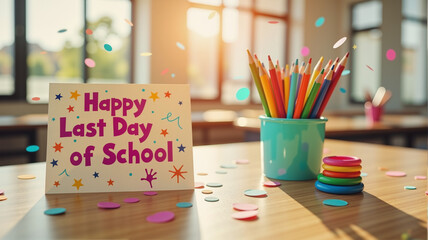 Last Day of School Celebration Setup - Colorful Classroom Desktop with Handmade Sign, Confetti and Stationery for End of Year Parties, Academic Achievement Recognition, and Educational Content