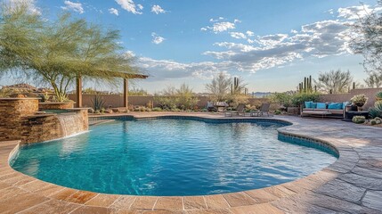 Fototapeta premium Scenic Outdoor Swimming Pool Surrounded by Desert Landscape and Lush Vegetation Under Clear Blue Sky