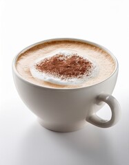 Fototapeta premium Creamy cappuccino in a white mug with cocoa powder topping on a white background