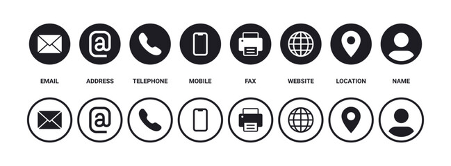 Contact us icon set. Web icons , mobile, telephone, call, location, globe, world, fax, message, mail, address, website, icon - Contact information icons business card symbols