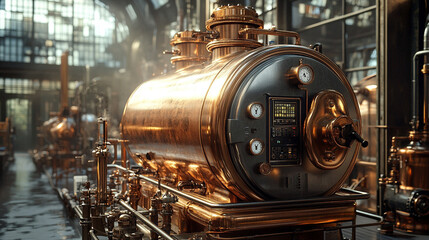 Fototapeta premium A copper boiler with industrial metal equipment, pressure valve, and pipe in a vintage steampunk setting, symbolizing heat control, steam engineering technology, and mechanical machinery.